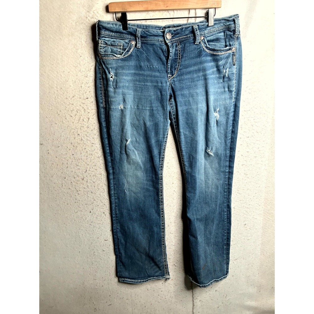 Silver Jeans Suki Womens 36x31 Blue Denim Mid Rise Distressed Bootcut Jeans